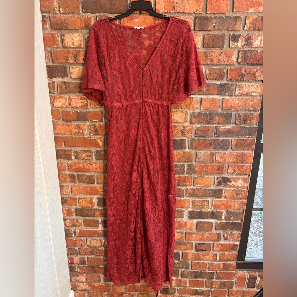 May & July womens lace button front slit maxi dress terra cotta S